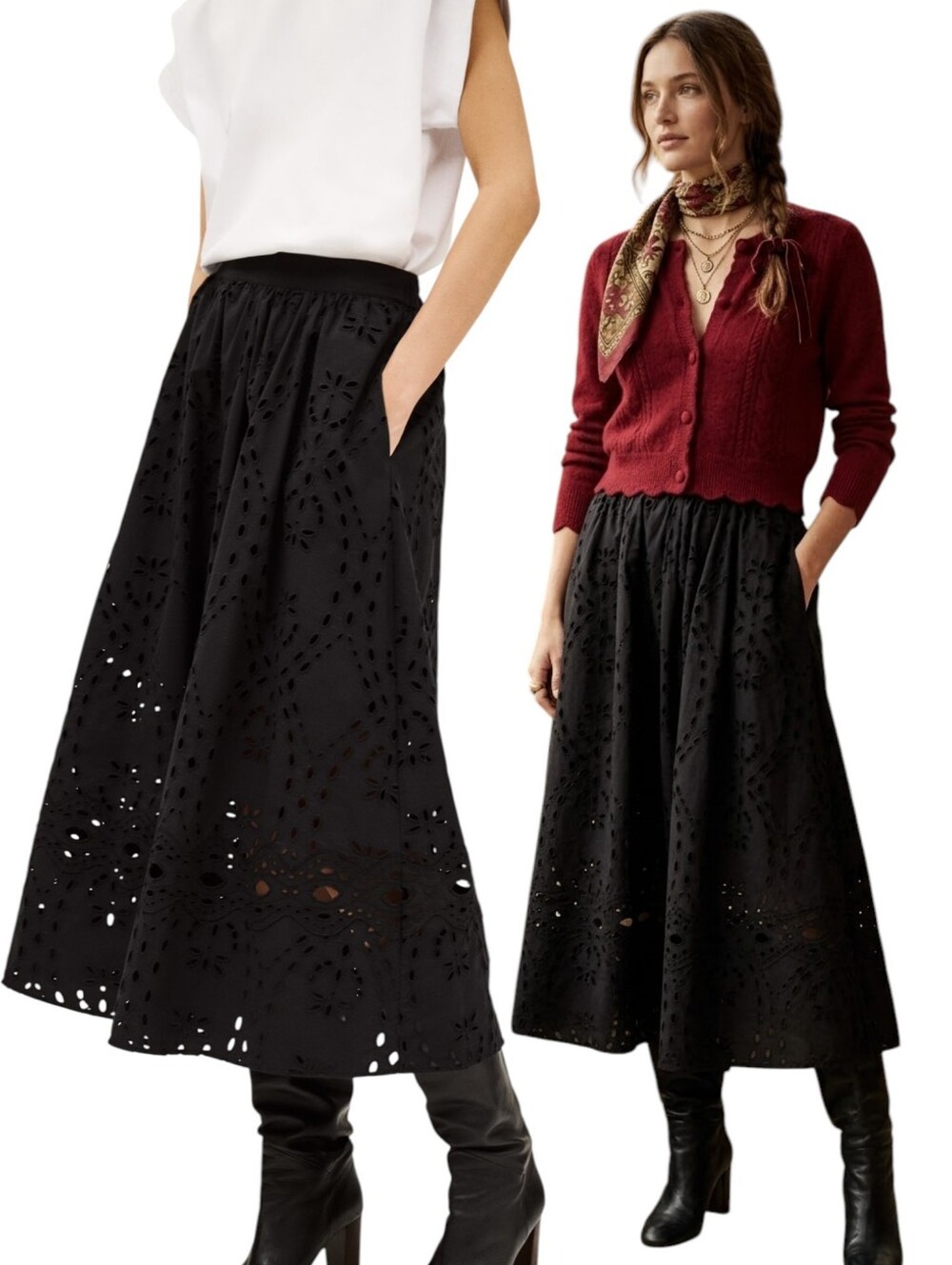 Sezane style Black Organic Cotton Lined Midi Eyelet French Broderie Full Skirt L